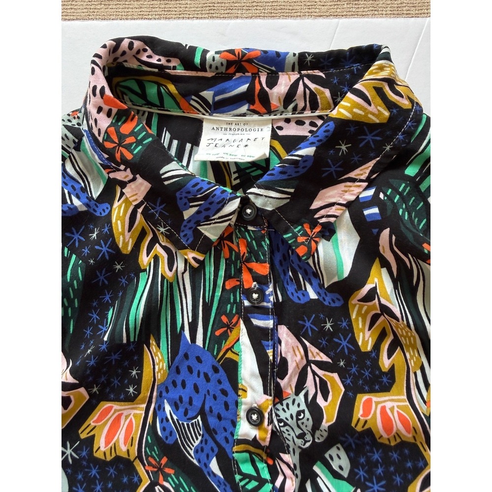 Anthropologie Margaret Jeane Jungle Leopard Blouse Multicolor Tie Cuff Size 16W - Picture 9 of 11